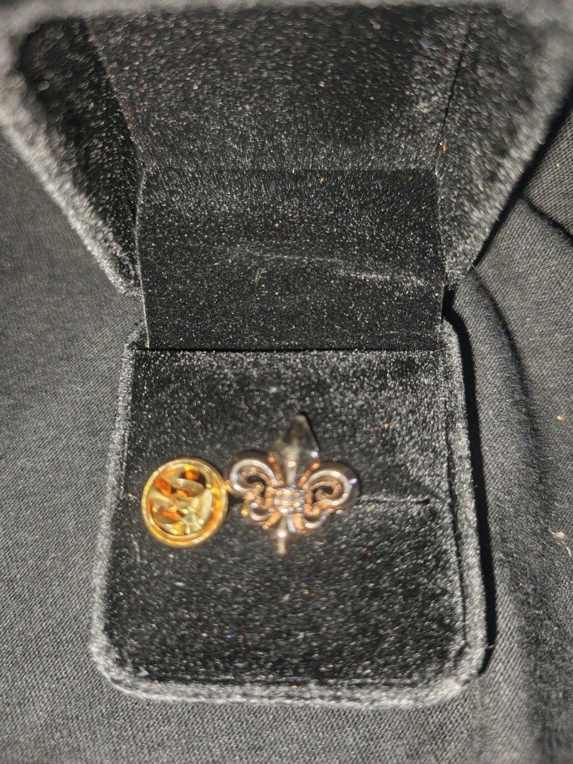 Gold-tone Fleur de Lis suit pin (Category: Brooches) located in Manila. Submitted by esteemed_shop (Listing ID 1435426794, Image 1). Description: - Scout Fleur-de-lis Pin - Includes Black Velvet Box plus ₱200 - Gold-colored metal - Detailed design - Small accessory.