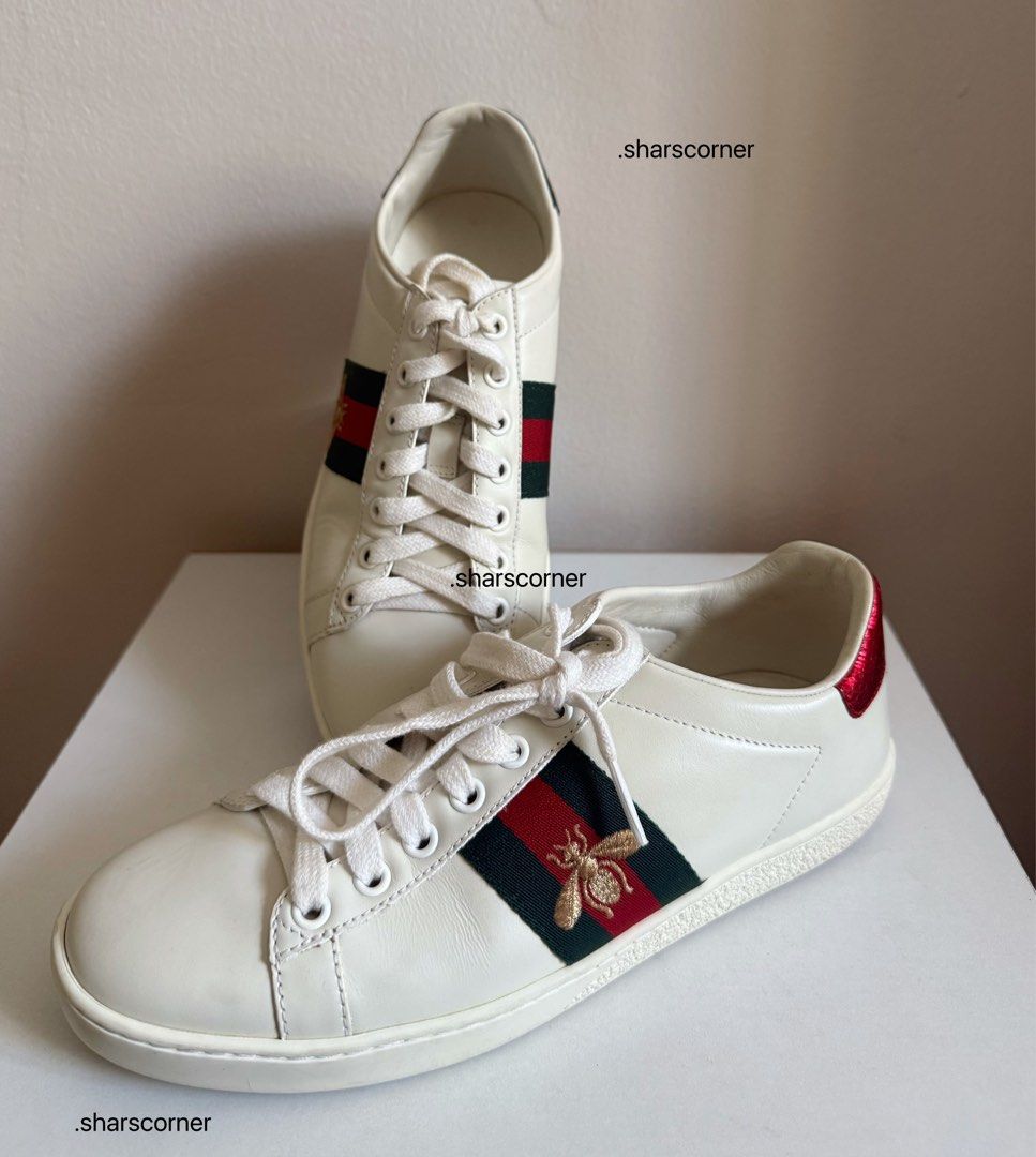 Gucci Ace Leather Sneakers (size 36) (Category: Sneakers) located in Manila. Submitted by .sharscorner (Listing ID 1435412184, Image 1). Description: Size: 36 Women’s - 💯 Authentic - Only used less than 5 times (for malling only) - Bought at the Gucci Store abroad - No box since bought from another country (no space in the luggage) - No original dust bag - Pls zoom in the photos to see the condition of the shoes ❌ Meet up ❌ Reservation ❌ COD MOP