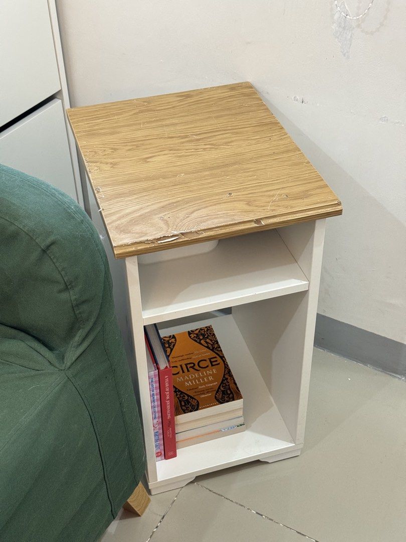 IKEA SKRUVBY White & Wooden Side Table (Category: Tables & Sets) located in Bacoor. Submitted by cozyju (Listing ID 1435436123, Image 3). Description: Bought from Ikea for 2,000 pesos. Color: White Material: Particleboard This is a heavily used item and there are signs of usage especially at the top panel. RFS: Moving out Location: Bacoor MOP: GCash, Gotyme, Maribank or bank transfer MOD: Lalamove or we can do meetup or deliver it during weekends