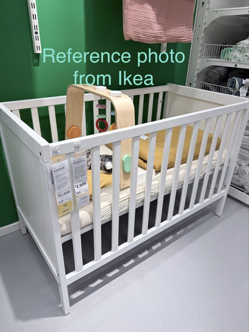 Ikea Sundvik Crib (Category: Cots & Cribs) located in Caloocan City. Submitted by migkyle.star (Listing ID 1435393541, Image 2). Description: ₱8,000 – IKEA SUNDVIK Convertible Baby Crib / Toddler Bed + Mattress + FREE Cover & Sheets Lightly used IKEA SUNDVIK crib (60×120 cm) in excellent condition. Our son preferred sleeping beside us, so this was barely used. Includes: * IKEA SUNDVIK convertible crib (adjustable height, converts to toddler bed) 