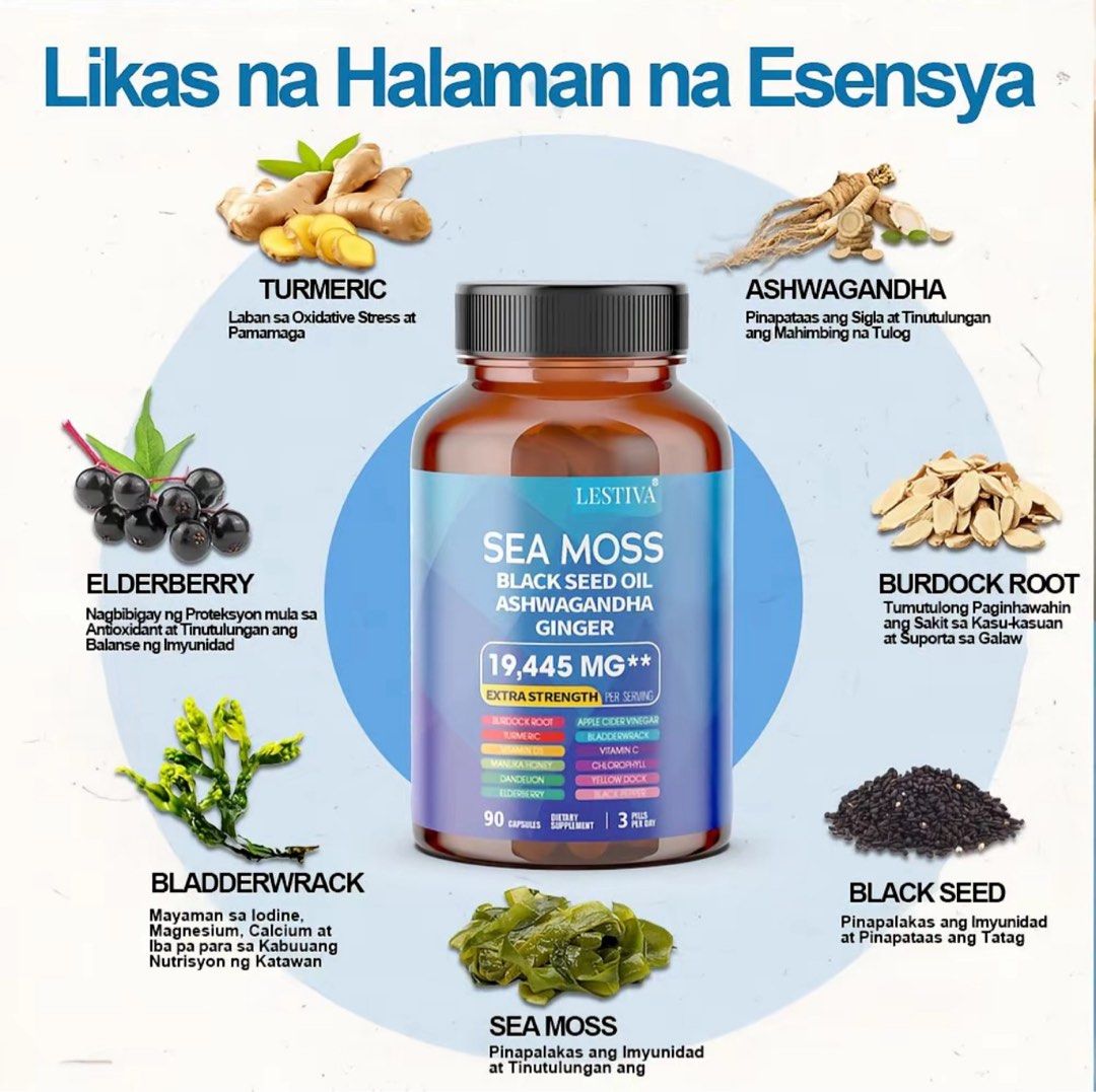 Lestiva Sea Moss & Yyanst Glucosamine Supplements (Category: Health Food, Drinks & Tonics) located in Cainta. Submitted by gabbyyelleee (Listing ID 1435514232, Image 3). Description: - **Health Combo!** - Includes: - Lestiva Sea Moss with Black Seed Oil, Ashwagandha, and Ginger (19,445 MG) - 90 capsules - Yyanst Glucosamine, Chondroitin, Turmeric & MSM - 90 capsules - **Benefits:** - Sea Moss: Supports immunity and overall wellness. - Glucosamine