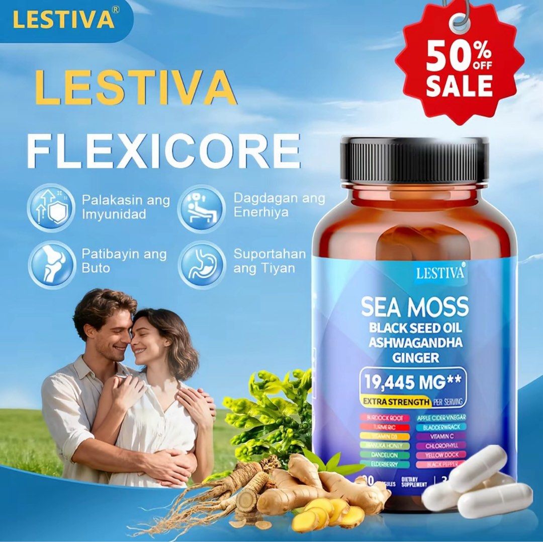 Lestiva Sea Moss & Yyanst Glucosamine Supplements (Category: Health Food, Drinks & Tonics) located in Cainta. Submitted by gabbyyelleee (Listing ID 1435514232, Image 2). Description: - **Health Combo!** - Includes: - Lestiva Sea Moss with Black Seed Oil, Ashwagandha, and Ginger (19,445 MG) - 90 capsules - Yyanst Glucosamine, Chondroitin, Turmeric & MSM - 90 capsules - **Benefits:** - Sea Moss: Supports immunity and overall wellness. - Glucosamine