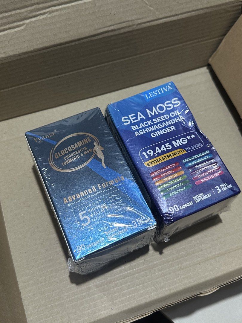 Lestiva Sea Moss & Yyanst Glucosamine Supplements (Category: Health Food, Drinks & Tonics) located in Cainta. Submitted by gabbyyelleee (Listing ID 1435514232, Image 1). Description: - **Health Combo!** - Includes: - Lestiva Sea Moss with Black Seed Oil, Ashwagandha, and Ginger (19,445 MG) - 90 capsules - Yyanst Glucosamine, Chondroitin, Turmeric & MSM - 90 capsules - **Benefits:** - Sea Moss: Supports immunity and overall wellness. - Glucosamine