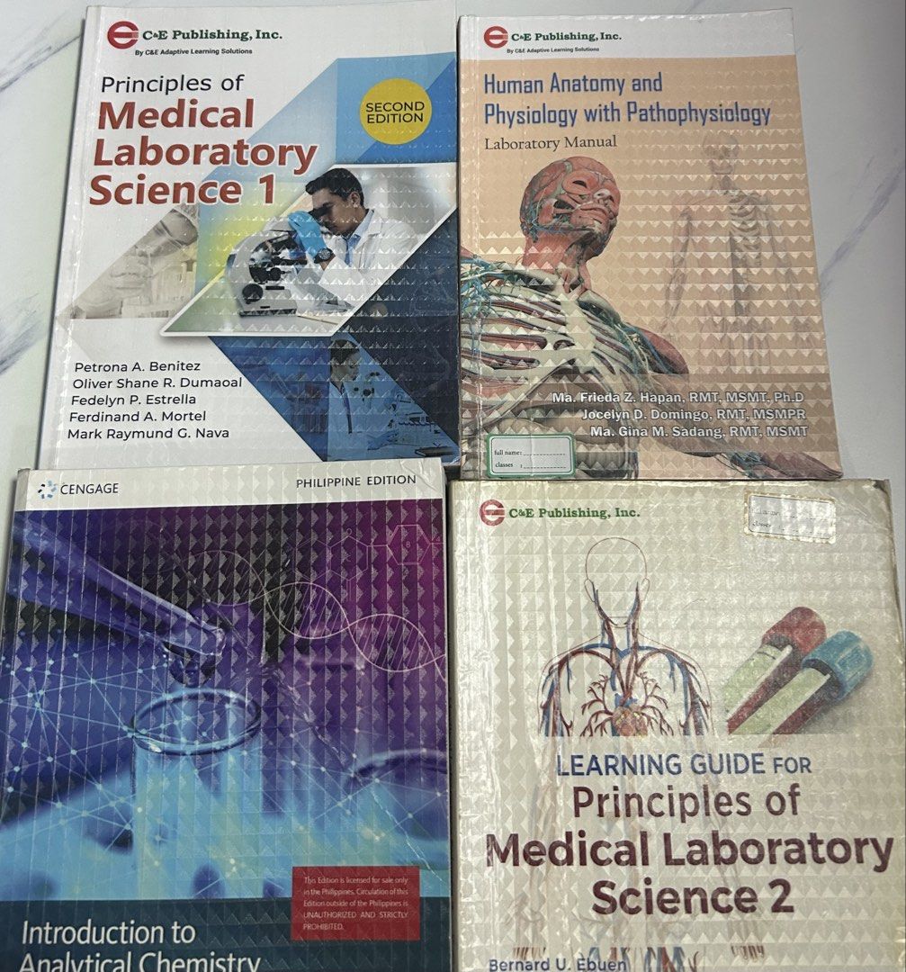 Medical Laboratory Science Textbook Set (Category: Textbooks) located in Manila. Submitted by axkixoxp (Listing ID 1435461381, Image 1). Description: 1st year Medtech books for sale ! PMLS 1 and 2 - 400 both - pmls 1 condition: may dalawang activity na punit, w highlights - pmls 2 condition: complete activities, w highlights + pencil notes ANALYTICAL CHEMISTRY - 900 - complete, mint condition, may highlights lang sa chapter 1 ANAPHY LAB - 250 - m