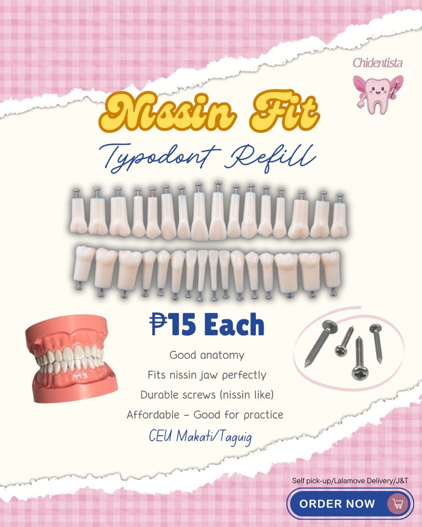 Nissin Typodont Refill (Category: Medical Supplies & Tools) located in Manila. Submitted by not.toothfairy (Listing ID 1435511465, Image 1). Description: Nissin Fit Typodont Refill ₱15 each only! - Excellent anatomy - Perfect fit for Nissin jaw - Includes durable screws - Affordable price - Ideal for practice Available for self pick-up Delivery via Lalamove/J&T Located in CEU Makati/Taguig.