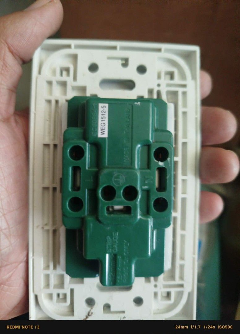 Panasonic Double Outlet (Category: Electrical, Adaptors & Sockets) located in Caloocan City. Submitted by KianuSD (Listing ID 1435387942, Image 2). Description: - Panasonic double outlet - Two standard outlets - Color: White - Model: WEG1512-S - Back color: Green and white - Designed for standard electrical connection - Old stock but unused - 100 each until supplies last.