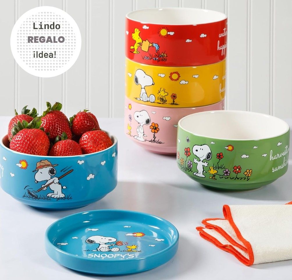 Peanuts Snoopy's Garden Patch Bowl Set (Category: Other Kitchenware & Tableware) located in Makati City. Submitted by gaile_24 (Listing ID 1435467508, Image 3). Description: This is a Peanuts Snoopy's Garden Patch 6-piece stackable bowl set, featuring five decorated stoneware bowls and a stoneware lid. Components: Includes 5 bowls (approx. 5.5 inches) and 1 stoneware lid. Design: Features colorful artwork of Snoopy and Woodstock from the "Garden 