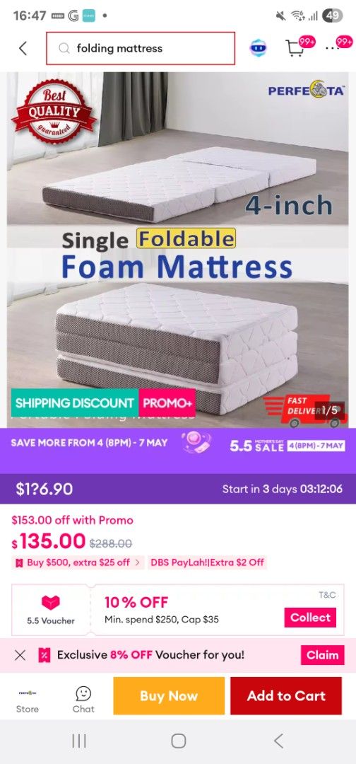 PERFECTA Single Foldable Foam Mattress