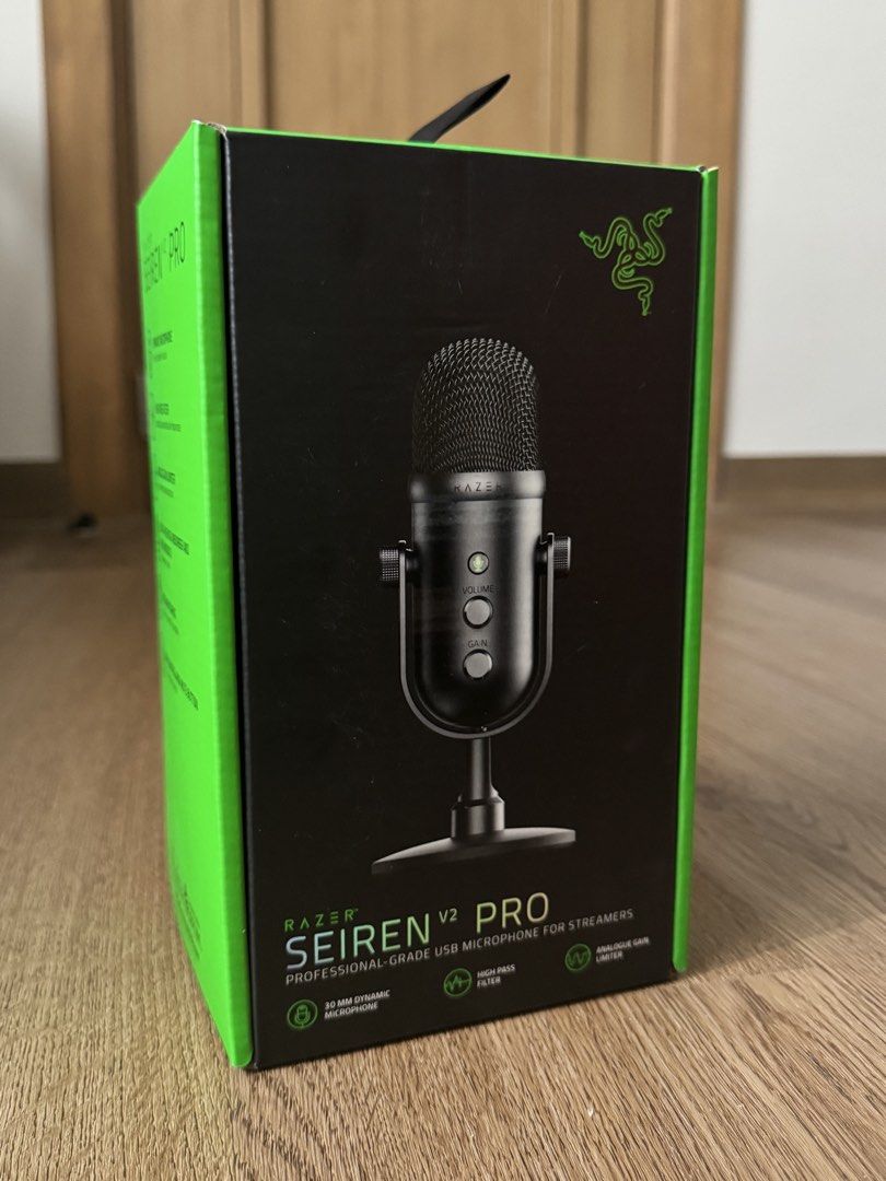 Razer Seiren V2 Pro USB Microphone (Category: Microphones) located in Pasig City. Submitted by kutleyn (Listing ID 1435378076, Image 1). Description: - Razer Seiren V2 Pro USB Microphone - Professional-grade for streamers - Features: - 30 mm dynamic microphone - High-pass filter - Built-in shock absorber - Mic monitoring - Gain control - Mute button - Analog gain limiter - Delivers clear, professional audio - Comes with original box Brand new pri