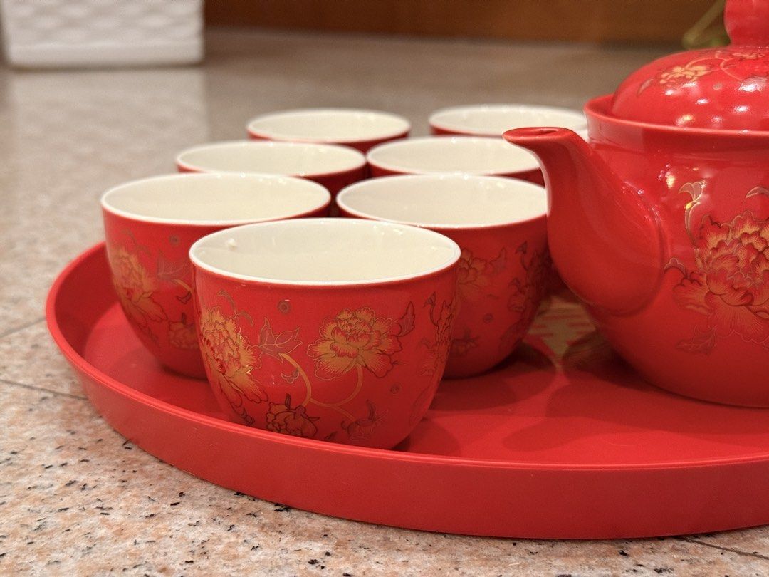 Red Floral Wedding Tea Set with Tray442192553565245442
