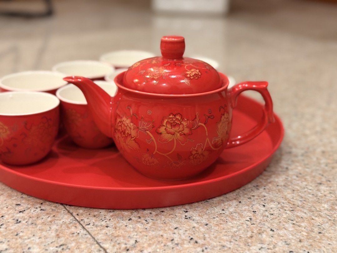 Red Floral Wedding Tea Set with Tray