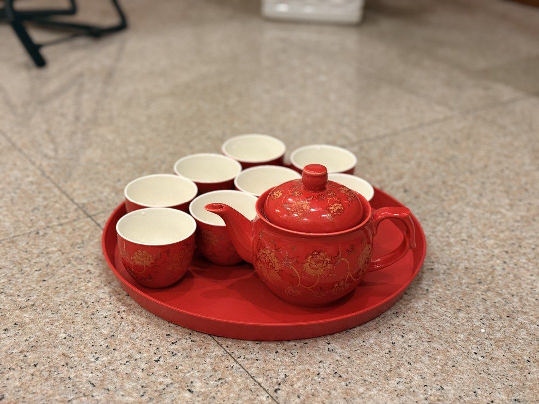 Red Floral Wedding Tea Set with Tray442192553565245441