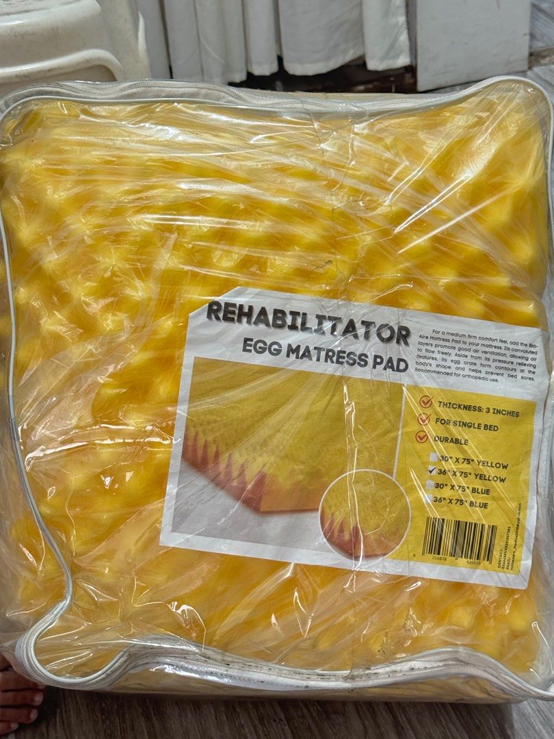 Rehabilitator Egg Mattress Pad (Category: Health Monitors & Weighing Scales) located in Quezon City. Submitted by kwinlibres (Listing ID 1435342808, Image 1). Description: - Rehabilitator Egg Mattress Pad for Single Beds - Thickness: 3 inches - Durable design - Available Sizes: - 30" x 75" - 36" x 75" - Colors: Yellow and Blue - Recommended for Orthopedic Use.