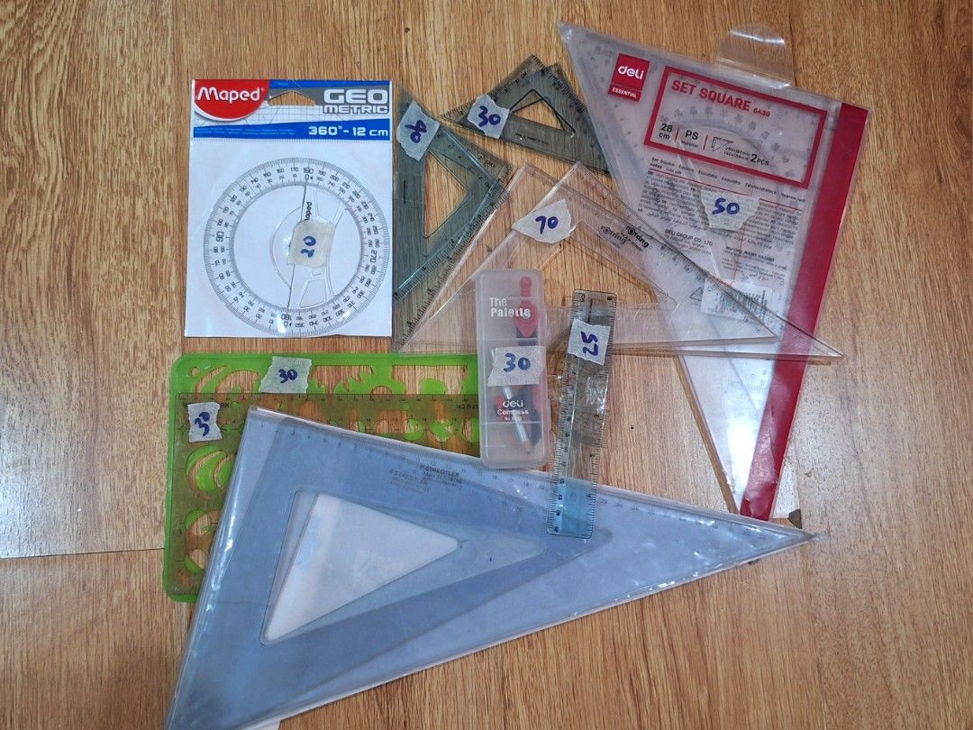 School Supplies Set - Rulers and Notebooks (Category: Stationery & School Supplies) located in Pasig City. Submitted by sapin-sapin (Listing ID 1435386653, Image 1). Description: - Geometry tools: Protractor, stencils, Triangle rulers - Notebooks: Regular lined notebooks and math notebooks Take all for PHP 300.