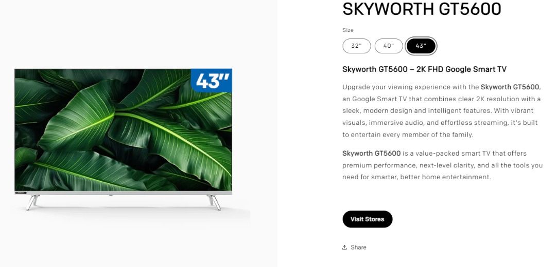 Skyworth GT5600 43" 2K FHD Google Smart TV (Category: TV) located in Quezon City. Submitted by aresxt (Listing ID 1435432496, Image 2). Description: Specs.: https://www.skyworth.com.ph/products/gt5600 Orig price at Abensons: around 23k PHP - Skyworth GT5600 43-inch Smart TV - 2K Resolution for vibrant visuals - Google Smart TV for easy streaming - Sleek, modern design - Immersive audio experience - Intelligent features for smarter entertainment c