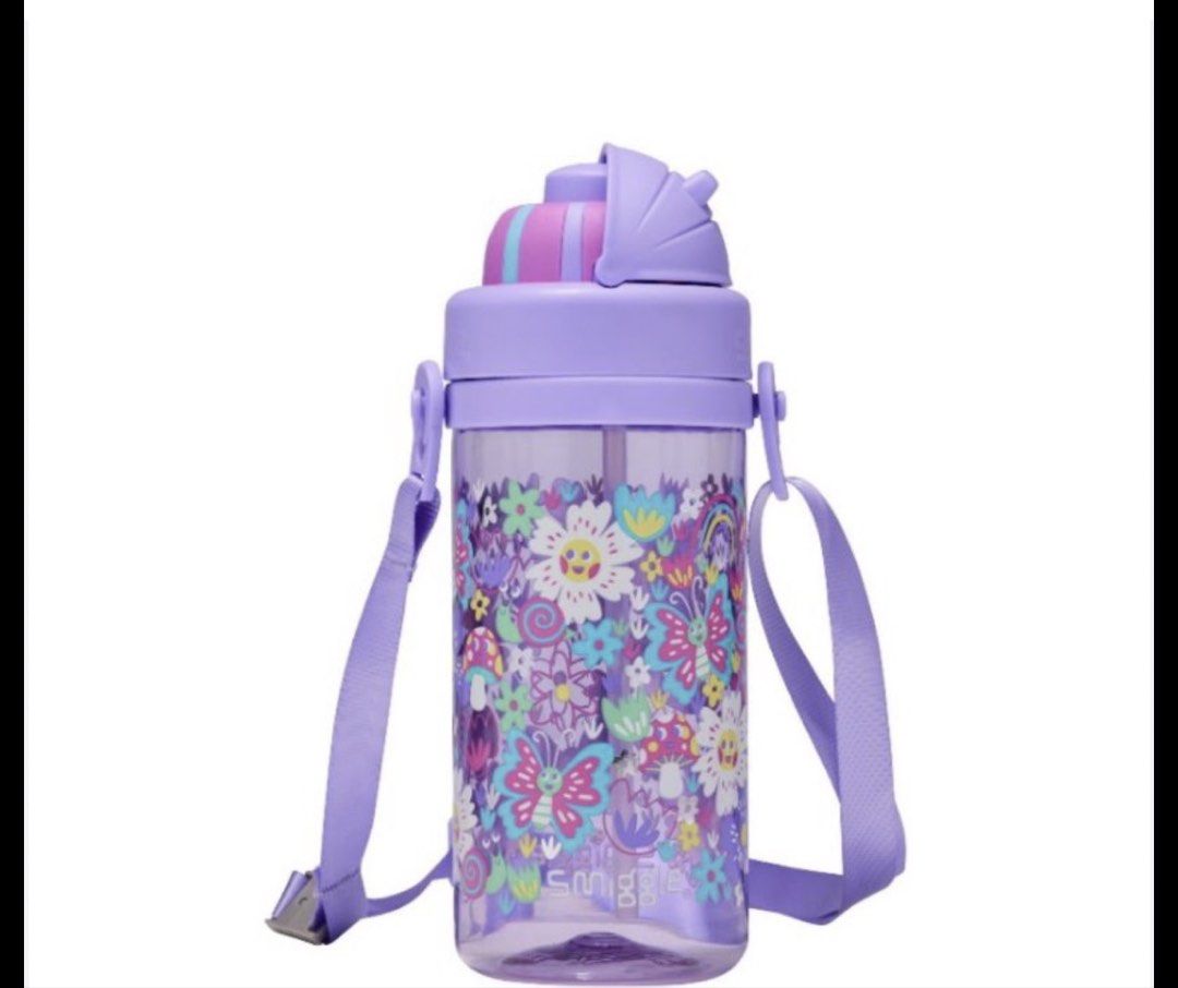 Smiggle Teeny Tiny Plastic Drink Bottle with Strap (Category: Water Bottles & Tumblers) located in Santa Rosa. Submitted by dawnardel16 (Listing ID 1435438162, Image 1). Description: - Smiggle Teeny Tiny Plastic Drink Bottle - Features a colorful floral design - Comes with a purple lid and strap - Secured lid for spill-proof use - Smiggle logo is visible Issues (see photos): - Straw needs to be replaced - cracked lid/cover but can still be used (