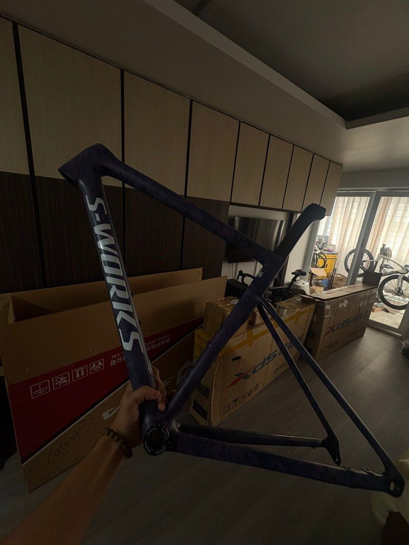 Specialized S-Works Road Bike Frame (Category: Parts & Accessories) located in Singapore. Submitted by dount_05 (Listing ID 1435449556, Image 3). Description: - Specialized S-Works Tarmac SL8 road bike fram - Frame set + headset bearings + fork Size 52 - Authentic set bought from local Specialized retail shop - Stunning dark purple color - Features white S-Works branding - Includes frame and seatpost - Ideal for building your dream road bike.