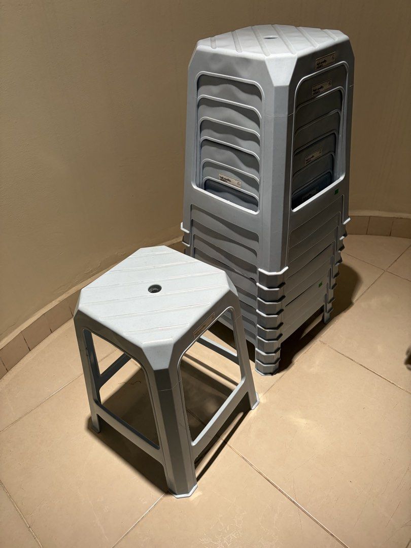 Stackable Plastic Stools - Grey (Category: Chairs) located in Singapore. Submitted by crystal1888 (Listing ID 1435493740, Image 1). Description: - Set of stackable plastic stools - Durable and easy to clean - Perfect for extra seating - Great for small spaces and friends gathering use. Original price bought at $8.90 per piece. If take 10 @ $70 nett. Minimum 2 at $7.80/ piece. Collection anytime but please give advance notice. Thanks! .