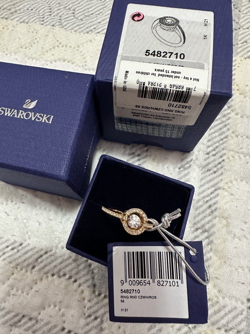 Swarovski Ring RND CZW/ROS 58 (Category: Rings) located in Pasig City. Submitted by sandy120913 (Listing ID 1435419975, Image 3). Description: - Genuine Swarovski ring - Rose Gold in color - Ring size: 58 - Features a clear, round center crystal - Surrounded by smaller crystals - Comes with original box and tag.