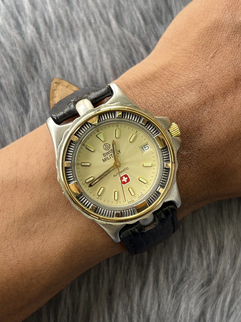 Swiss Military Automatic Watch (Category: Luxury Watches) located in Cabuyao City. Submitted by horologyfinds (Listing ID 1435459771, Image 1). Description: Swiss Military Automatic Watch •Automatic •Swiss made •All good working condition •See through back case •Luminous •Date just •Leather strap •40.9mm For only 6,499 php🤝 ✅LBC COP/COD ✅J&T ✅LALAMOVE ✅MEET UP ✈️CAN SHIP INTERNATIONAL VIA DHL EXPRESS "Imperfections are part of buying pre-owned/v