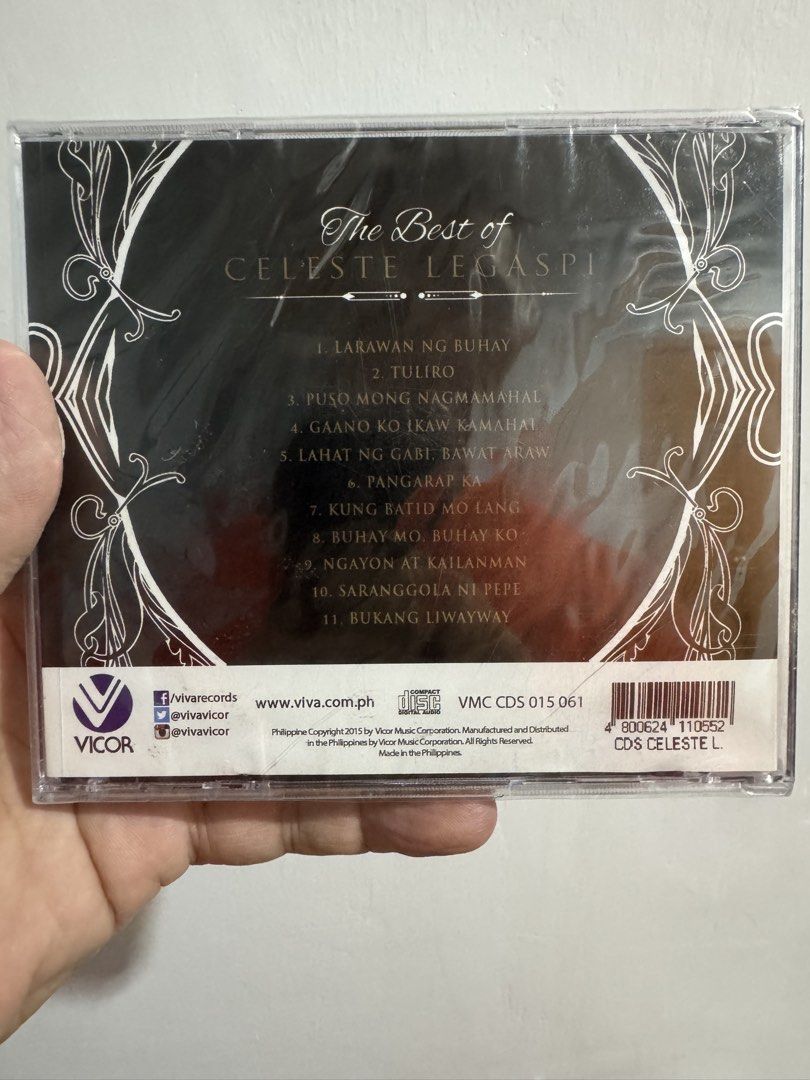 The Best of Celeste Legaspi CD (Category: CDs & DVDs) located in San Juan City. Submitted by redgecollection (Listing ID 1435372326, Image 2). Description: - Celeste Legaspi "The Best Of" CD - Still sealed in original packaging - Includes hits like "Larawan ng Buhay," "Tuliro," and "Puso Mong Nagmamahal" and her famous signature song “SARANGOLA NI PEPE” - VMC CD, CDS 015 061.