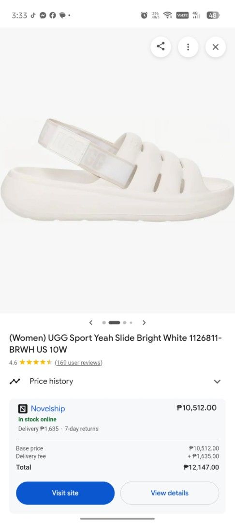 UGG Sport Yeah Slide Bright White US 10W (Category: Flats & Sandals) located in Cabanatuan. Submitted by bagsyoulove (Listing ID 1435407061, Image 1). Description: with ugg sling bag set - UGG Sport Yeah Slides - Color: Bright White - Size: US 10W - Features: White strap, thick sole - Condition: Good - Includes: Small brown bag with white fur trim and UGG logo.