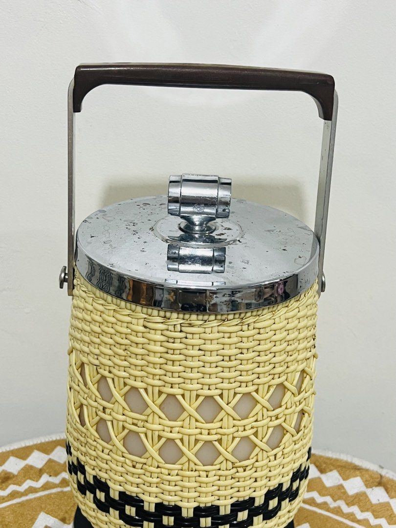 Vintage Japan footed Ice bucket (Category: Other Kitchenware & Tableware) located in Cavite. Submitted by wishie_collects (Listing ID 1435472189, Image 2). Description: This ice bucket has a mid century design, woven from beige and black vinyl. It’s also great for storing cookies and other sweets! Approximately 14 cm in diameter; 25 cm in height.