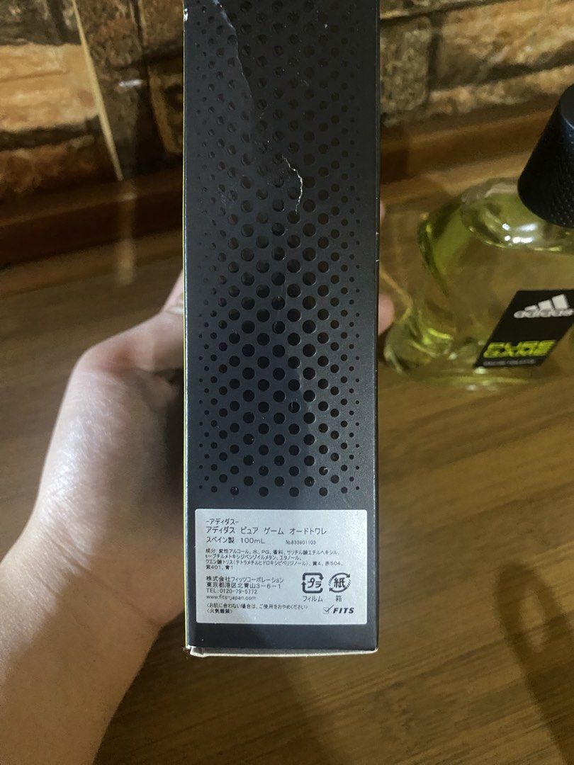 Adidas Pure Game Eau de Toilette 100ml (Category: Fragrance & Deodorants) located in Taguig. Submitted by meredith04 (Listing ID 1437128940, Image 2). Description: - Adidas Pure Game Eau de Toilette - 100ml bottle - Made in Spain - Deep, aromatic fragrance - Contains natural citrus essential oil - Ingredients include alcohol denat, aqua/water/eau, and parfum/fragrance - never use, naopen lang sya to smell - brought from Japan original.