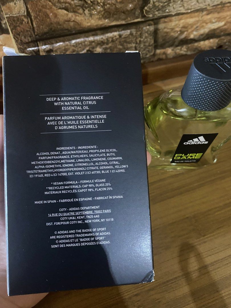 Adidas Pure Game Eau de Toilette 100ml (Category: Fragrance & Deodorants) located in Taguig. Submitted by meredith04 (Listing ID 1437128940, Image 3). Description: - Adidas Pure Game Eau de Toilette - 100ml bottle - Made in Spain - Deep, aromatic fragrance - Contains natural citrus essential oil - Ingredients include alcohol denat, aqua/water/eau, and parfum/fragrance - never use, naopen lang sya to smell - brought from Japan original.