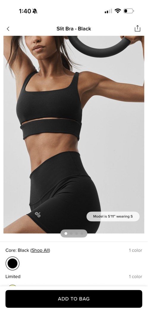 Alo Slit Bra in black (Category: Activewear) located in Singapore. Submitted by cjp2019 (Listing ID 1437195469, Image 1). Description: - Alo Slit Bra - brand new with tag - Size L - Light support - Ribbed texture - Scoop neck.