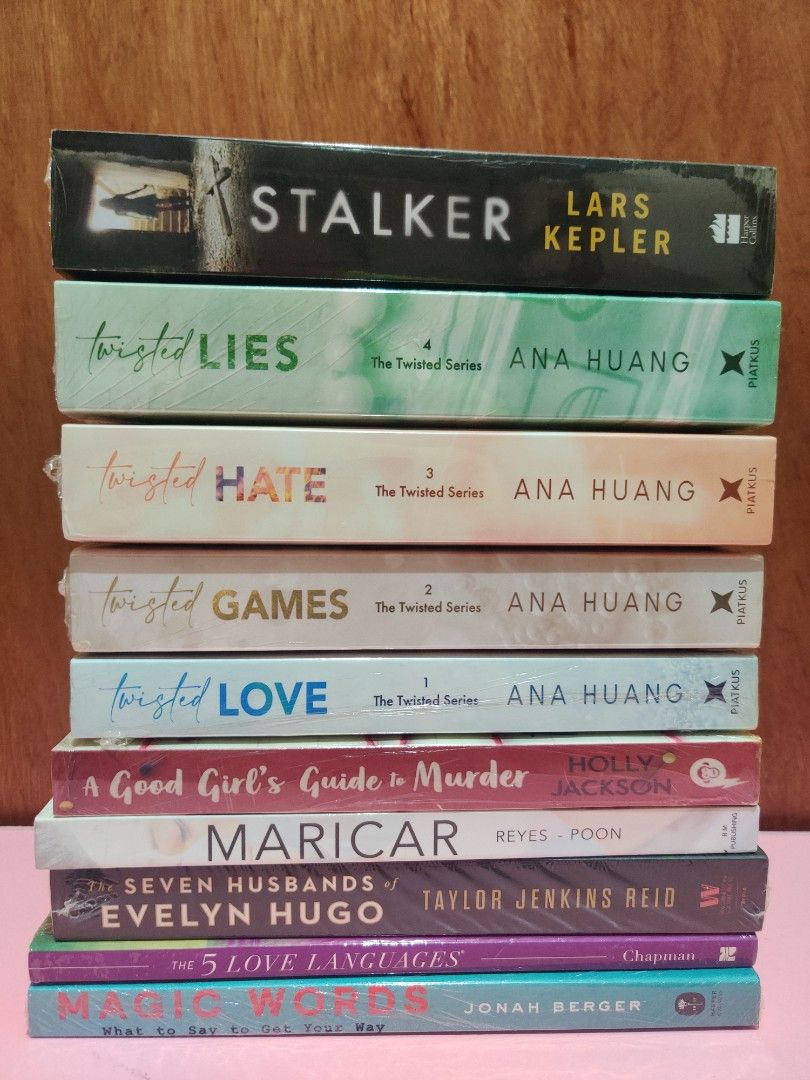 Assorted Paperback Books (Category: Storybooks) located in Calamba. Submitted by mayceefray74436 (Listing ID 1437034028, Image 1). Description: Collection of paperback books, including titles like "Stalker" by Lars Kepler, the "Twisted" series by Ana Huang (Lies, Hate, Games, Love), "A Good Girl's Guide to Murder" by Holly Jackson, "Maricar" by Reyes, Poon, "Seven Husbands of Evelyn Hugo" by Taylor Jenkins Reid, "The 5 Love Languages" by Chapman,