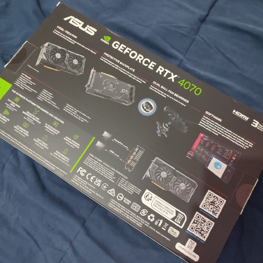 ASUS GeForce RTX 4070 Dual OC 12GB (Category: Computer Parts) located in Makati City. Submitted by genard_ (Listing ID 1437074000, Image 2). Description: - ASUS GeForce RTX 4070 Dual OC 12GB - 12GB GDDR6X memory - Ray tracing and DLSS support - Dual-fan cooling - HDMI and DisplayPort outputs.