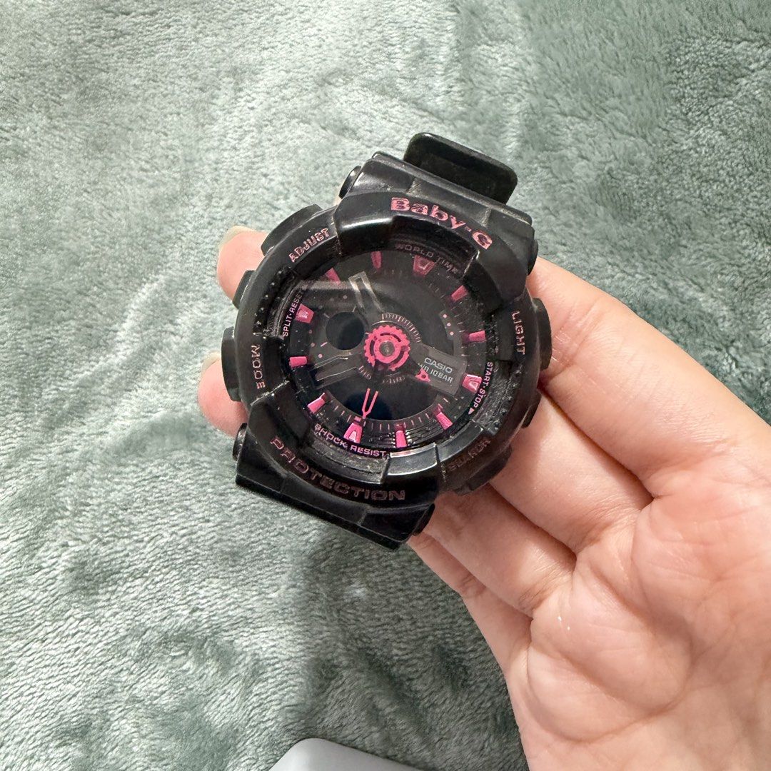 Baby-G Shock Resistant Watch (Category: Women's Watches) located in Manila. Submitted by prelovedbycesca (Listing ID 1437067591, Image 3). Description: - Two Original Baby-G watches are available. - One features a gold-tone dial with Roman numerals and a black strap (Never been used, it was gift) ₱2.5k - The other watch has a black case with pink accents on the dial (preloved) ₱1.5k - Need to change batteries - Can do meetups/delivery.