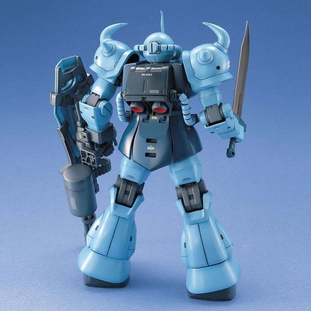 Bandai MG Gundam Gunpla MS-07B-3 Gouf Custom (Category: Gundam Model Kits) located in Singapore. Submitted by suntrailerhobby (Listing ID 1339851646, Image 3). Description: The Gouf Custom featured multiple changes to the MS-07B, including the elimination of the awkward five finger 75mm machine guns, replacing it with a normal manipulator and a wrist mounted 3-barrel 35mm Machine gun. The coil-like heat rod is replaced with a magnetic grappler wi