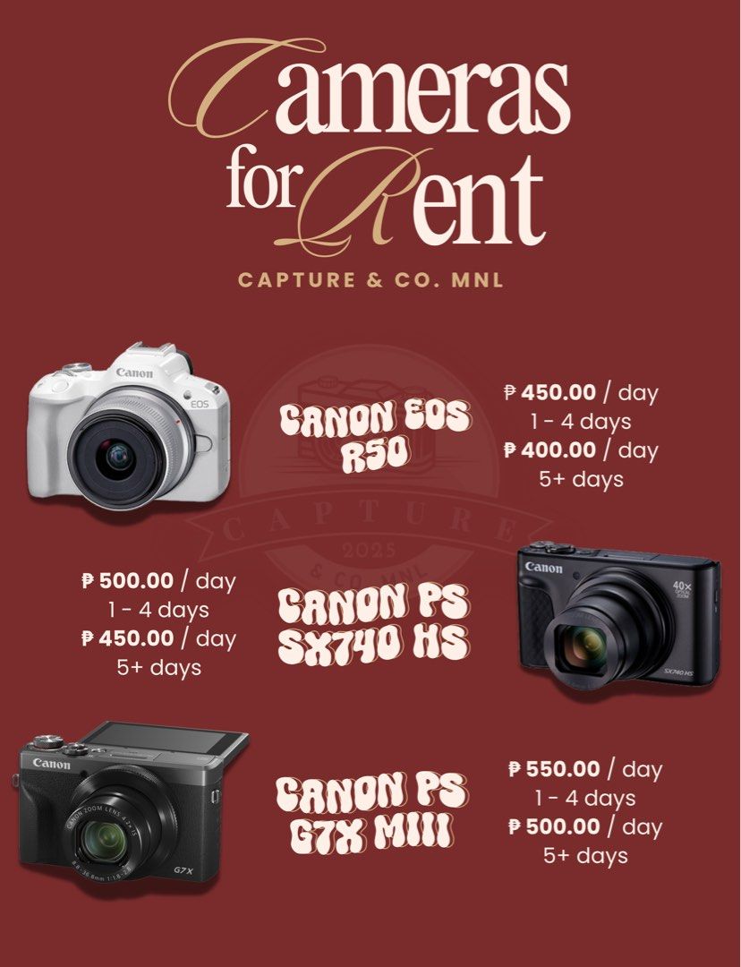 Canon EOS R50 for RENT!!! (Category: Cameras) located in Manila. Submitted by yonaaaaa22 (Listing ID 1437208029, Image 2). Description: for bookings & inquiries, send a message to @_capturenco.mnl on INSTAGRAM 📍Sta. Ana, Manila.