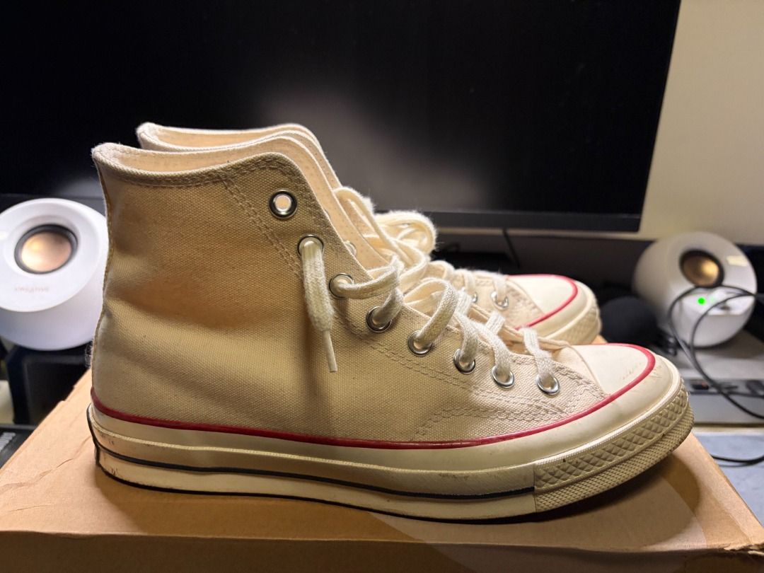 Converse Chuck 70 High Top Sail colorway (Category: Sneakers) located in Manila. Submitted by r2g22 (Listing ID 1437054887, Image 2). Description: - Converse Chuck 70 high-top sneakers - Cream canvas upper - Red stripe on midsole - Iconic Converse All Star patch - White laces - Rubber toe cap - Rubber sole - No Box, Replacement Box Only.