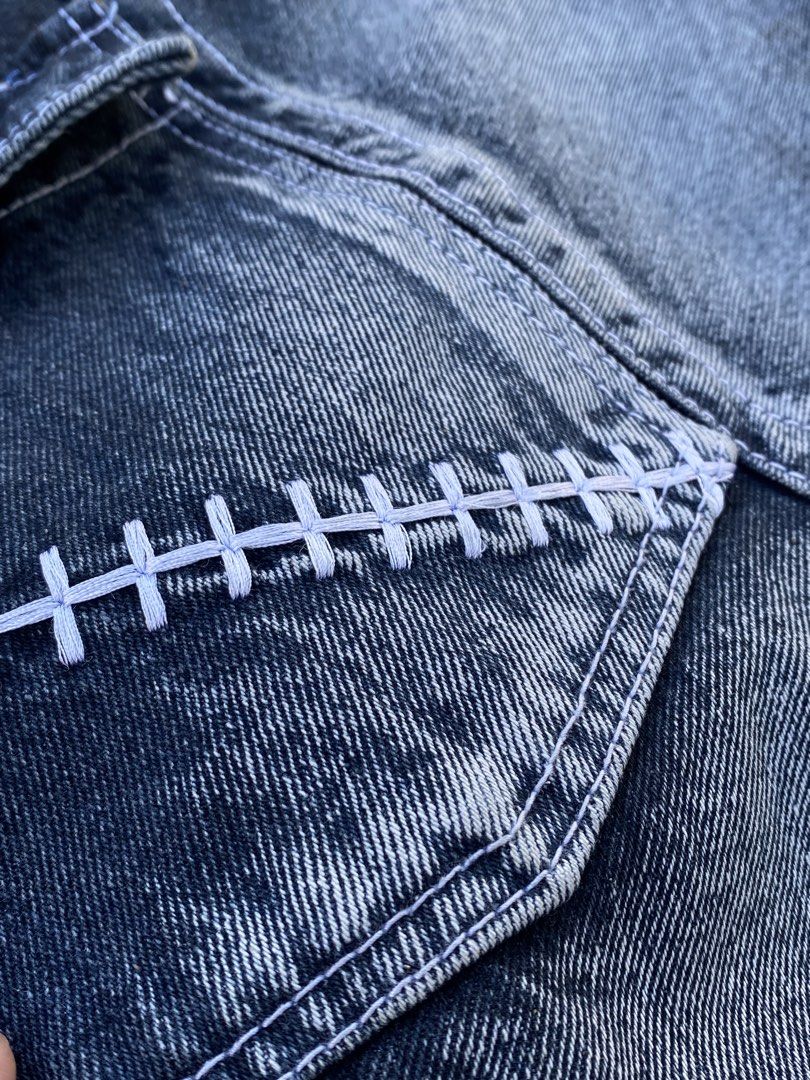 Dark-wash denim wide leg pants (Category: Jeans) located in Sorsogon. Submitted by xai_01 (Listing ID 1437107771, Image 3). Description: Waist: 34 Length: 43 Leg Opening: 10 DM for details.