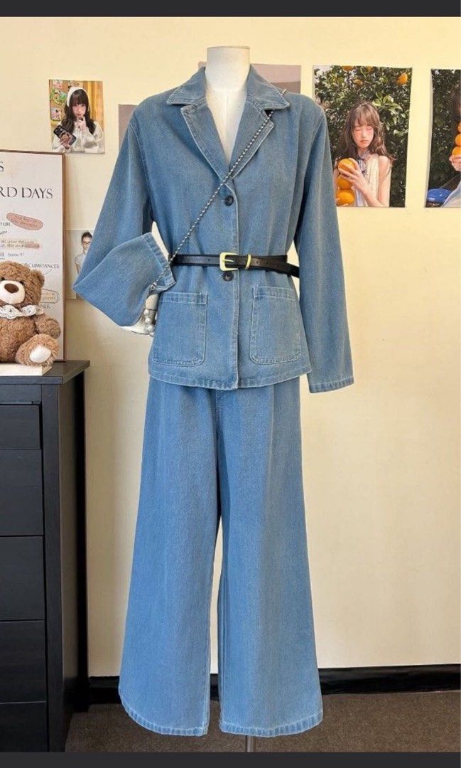 Denim Blazer and Wide Leg Pants Set (Category: Sets or Coordinates) located in Manila. Submitted by lifeofmari90151 (Listing ID 1437051547, Image 1). Description: - Denim blazer with classic collar and front pockets - Wide-leg, high-waisted pants - Light blue wash - Includes a black belt - Perfect for a casual, stylish look.