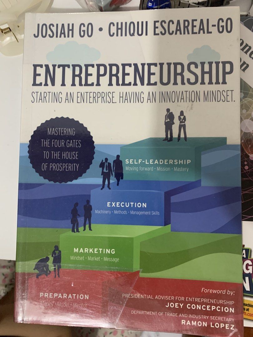 Entrepreneurship Book by Josiah Go (Category: Textbooks) located in Bacoor. Submitted by its_cess (Listing ID 1437179969, Image 1). Description: Book, "Entrepreneurship," by Josiah Go and Chiqui Escareal-Go, guides readers on starting an enterprise and cultivating an innovation mindset. It covers topics like self-leadership, execution, marketing, and preparation. The book includes a foreword by Joey Concepcion, Presidential Adviser for Entreprene