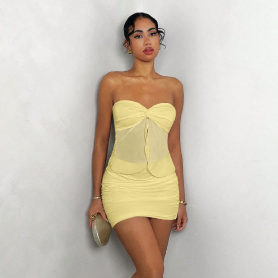 EYELET TUBE TOP MINI SET (Category: Dresses) located in Paranaque City. Submitted by sofiaflrs (Listing ID 1437169125, Image 2). Description: — Size: S — Brand: Shein — Color: Yellow — Condition: Used (1X) for Halloween — Original Price: ₱450 — RFS: Used for Halloween only Notes: 1. All are in good condition, unless stated otherwise. 2. I can send more pictures via personal message. For clothing pieces, I can send "when-worn" pictures if I have. 