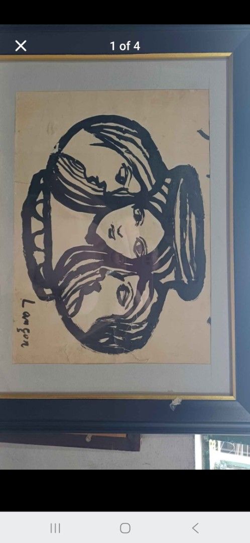 Faces Powdered, Heads Bowed (Category: Art & Prints) located in Quezon City. Submitted by mushroom.eagle (Listing ID 1437047916, Image 1). Description: This artwork, titled "Faces Powdered, Heads Bowed" (人粉面垂, Hito kona men tare), is an original mid-century Japanese woodblock print created by the modernist artist Yamamoto Ranson (山本蘭村). A notable example of the Sōsaku-hanga ("Creative Print") movement, the piece features three highly stylized, ex