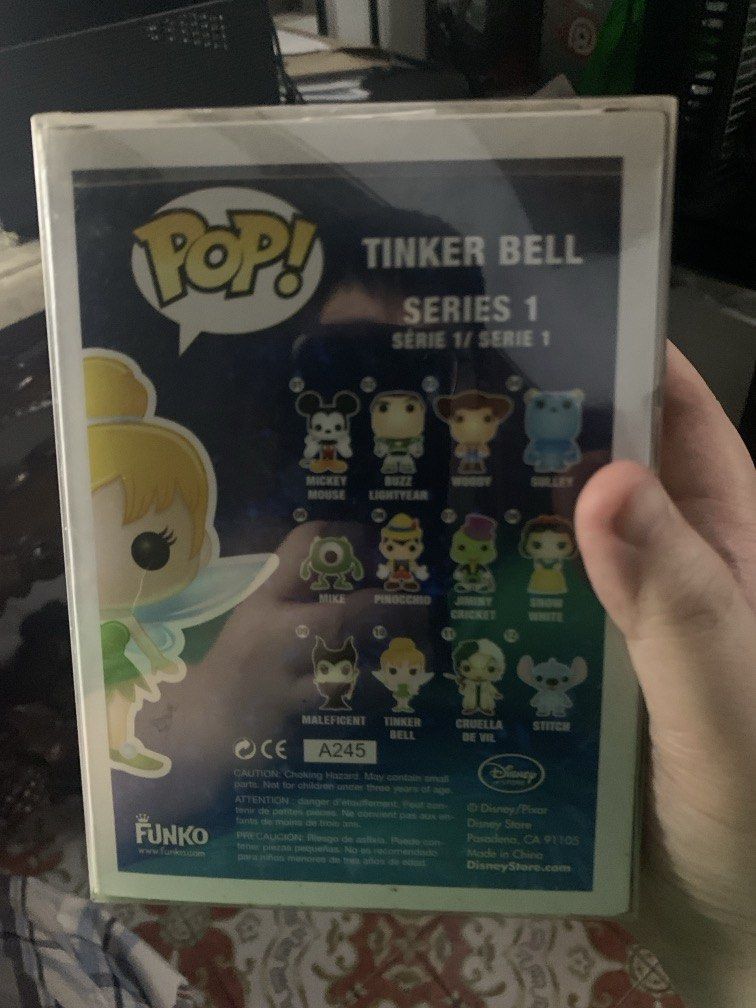 Funko Pop! Disney Tinker Bell #10 (Category: Designer & Blind Box Toys) located in Manila. Submitted by robertzombie (Listing ID 1437167350, Image 3). Description: - Funko Pop! figure of Tinker Bell - From Disney - Series 1, #10 - Includes original packaging - Box features Funko Pop! and Disney logos - Back of box shows other characters from the series 09153896941 f1.