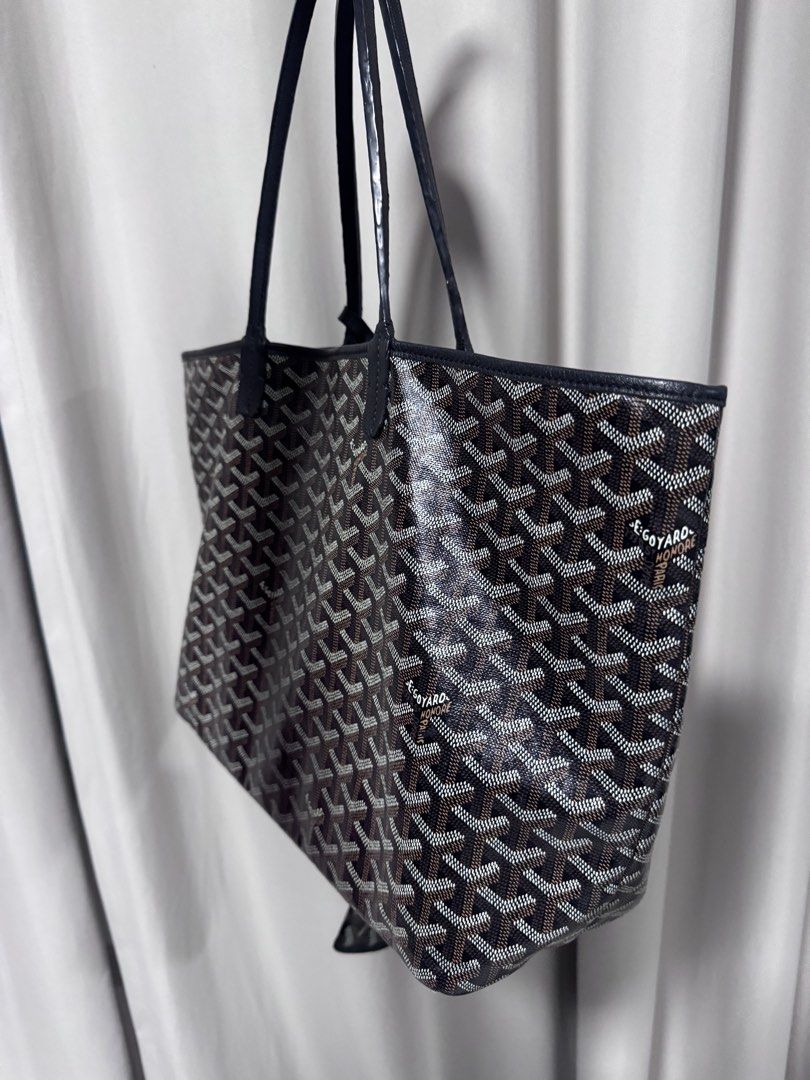 Goyard St. Louis Tote Bag (Category: Luxury Bags & Wallets) located in Manila. Submitted by decluterthings888 (Listing ID 1437202909, Image 3). Description: - Goyard St. Louis tote bag - Includes matching pouch - Black leather handles and trim - Light-colored fabric interior with small pocket - Minor wear on handles and interior.