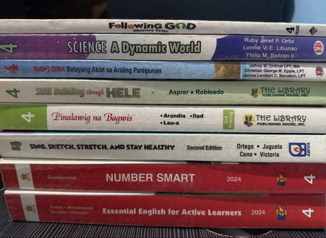 Grade 4 Elementary School Textbooks (Category: Textbooks) located in Manila. Submitted by nawtyness (Listing ID 1437081923, Image 1). Description: Some books are good as new, never written, pencil use only and can be erased. As set only please. Set of Grade 4 textbooks. Includes "Essential English for Active Learners", "Number Smart", "Pinalawig na Bagwis", and "Science: A Dynamic World". Also includes "Following God", "Isang Diwa", "Still Buildi