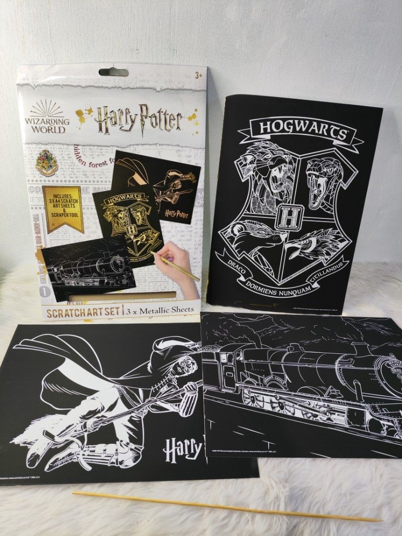 Harry Potter Scratch Art Set (Category: Storybooks) located in Cavite. Submitted by tinetaclesss (Listing ID 1437023431, Image 1). Description: - Harry Potter scratch art set - Includes 3 metallic sheets - Comes with a wooden stylus - Features iconic Harry Potter imagery: Hogwarts, Hogwarts Express, and Harry Potter - Perfect for Harry Potter fans - New and ready to use.