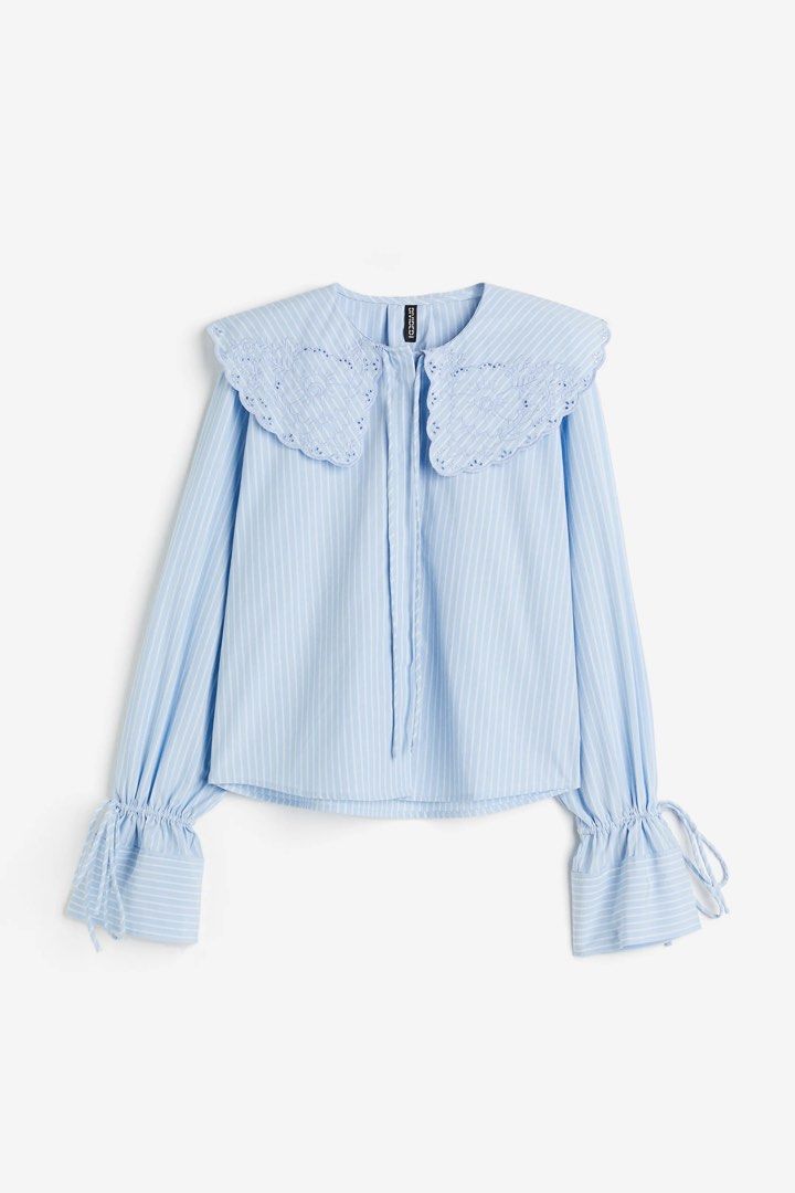 H&M Divided Striped Blouse with Collar [NEW] (Category: Blouses) located in Binan City. Submitted by thisisntninety (Listing ID 1437048149, Image 1). Description: - BRAND NEW - H&M Divided blouse - Light blue and white striped pattern - Unique collar with eyelet detailing - Long sleeves with tie cuffs - Tie closure at neckline.