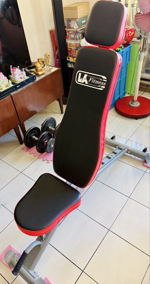 LA Fitness Adjustable Weight Bench (Category: Weights & Dumbbells) located in Manila. Submitted by ronaldcyu (Listing ID 1437020194, Image 1). Description: - LA Fitness adjustable weight bench - Heavy duty - Adjustable backrest 90 -180 degrees - Suitable for various workout routines - No box - RFS - Used 5 times only, decluttering - Negotiable - Lalamove shoulder by buyer.