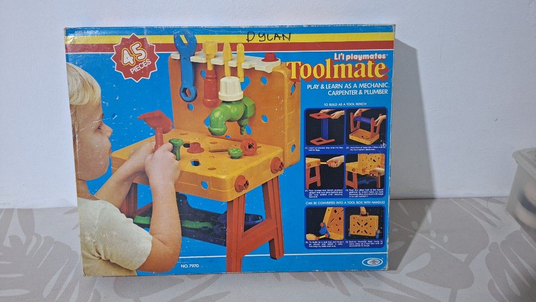 Lil' Playmates Toolmate Toy Bench (Category: Kids Toys) located in Imus. Submitted by pick_and_dig (Listing ID 1437021832, Image 2). Description: - Vintage Lil' Playmates Toolmate toy bench - Converts into a toolbox - Comes with various tools and accessories - Encourages imaginative play and learning - Perfect for aspiring mechanics, carpenters, or plumbers! Note: Has some missing pieces. Child's name written on one side of the box. WYSIWYG. As i