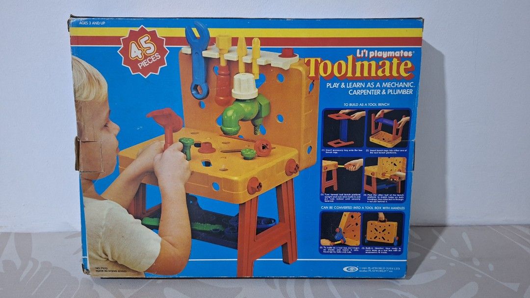 Lil' Playmates Toolmate Toy Bench (Category: Kids Toys) located in Imus. Submitted by pick_and_dig (Listing ID 1437021832, Image 1). Description: - Vintage Lil' Playmates Toolmate toy bench - Converts into a toolbox - Comes with various tools and accessories - Encourages imaginative play and learning - Perfect for aspiring mechanics, carpenters, or plumbers! Note: Has some missing pieces. Child's name written on one side of the box. WYSIWYG. As i