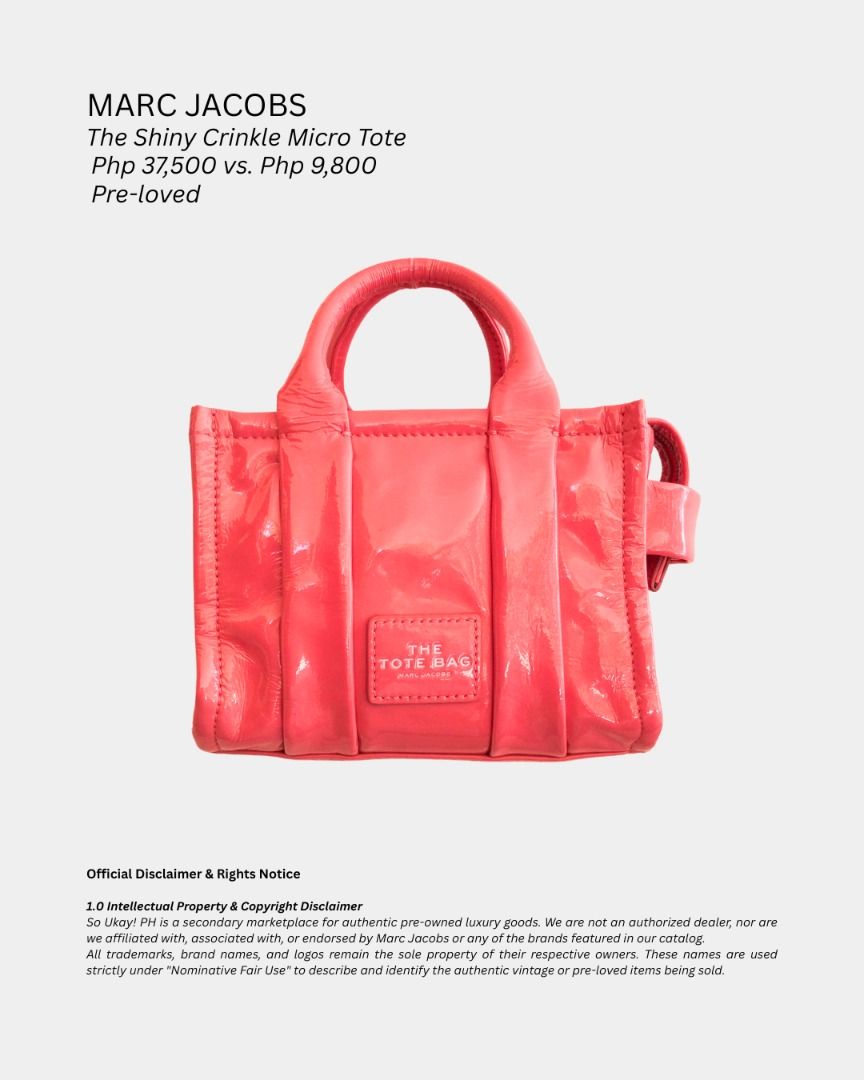 Marc Jacobs Shiny Crinkle Micro Tote (Category: Luxury Bags & Wallets) located in Laoag. Submitted by soukay (Listing ID 1437059568, Image 2). Description: 24H Price drop ends Aug 25, 2026 12Midnight. Payment must be confirmed before deadline. POV: You found the ultimate summer 2026 "it-girl" bag at 70% OFF! 💖✨ Manifesting peak main character energy with this Marc Jacobs Shiny Crinkle Micro Tote in the iconic Dragon Fruit (608) colorway. Origina